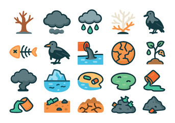 Pollution effects on nature modern flat style. dead tree, smog cloud, acid rain, coral bleaching, fish skeleton, oil-coated bird, polluted river, cracked earth, sick