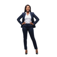 Confident black woman in a navy blue business suit standing with hands on hips