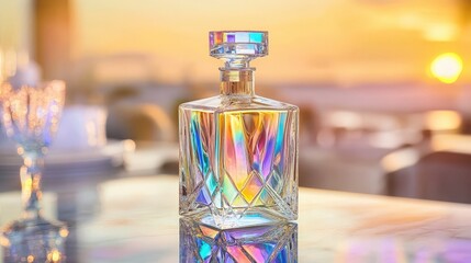 Colorful iridescent glass decanter on a table.