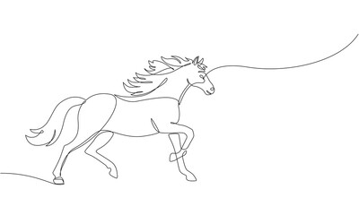 Horse running, Continuous line art drawing style, One line art animal, Design template linear minimal style. Drawing isolated on white background. Vector design illustration.