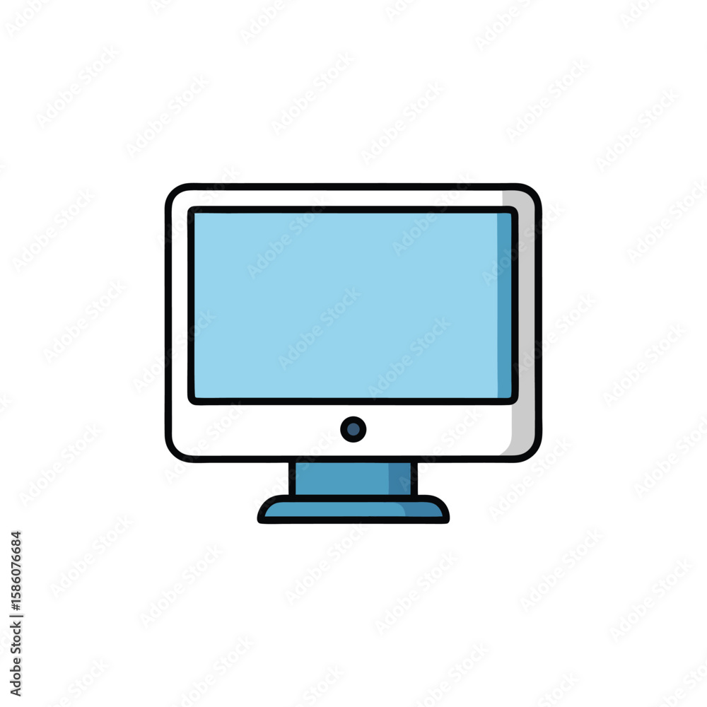 Poster vector art of a computer monitor with a blue screen sits on a desk, isolated on white background