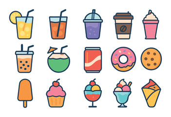 Street food drinks and desserts modern flat style. lemonade, iced tea, smoothie, coffee cup, bubble tea, coconut drink, soda can, milkshake, popsicle, cupcake, doughnut