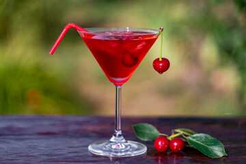 Bright red cherry cocktail in a martini glass against summer garden background on wooden table, closeup. Delicious cold alcoholic drink for relaxation on a sunny warm day