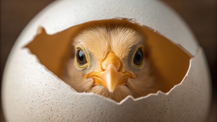 A chick emerges from a cracked eggshell, revealing its curious face and vibrant eyes, symbolizing new beginnings and growth.
