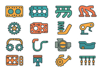 Engine assembly and parts modern flat style. cylinder head, engine block, intake manifold, exhaust manifold, camshaft gear, crankcase, valve spring, rocker arm, timing