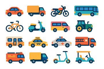 Land vehicles modern flat style. car, truck, motorcycle, bus, bicycle, scooter, van, tractor, camper, taxi, police car, ambulance, fire truck, delivery truck, electric