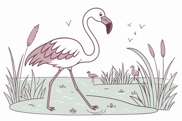 Naklejka premium Cartoon flamingo wading in shallow water with reeds