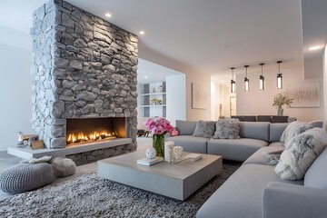 A modern basement living room, featuring a sleek stone fireplace, minimalist decor, and subtle lighting, creating a chic and inviting space for relaxation.