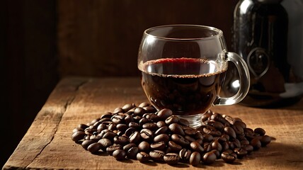 A clear glass mug filled with dark coffee rests on a pile of roasted coffee beans, set against a rustic wooden table, creating a warm and inviting scene