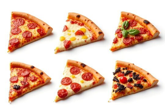 Collection of slide of pizza isolated on white background. Italian food. Fast food concept