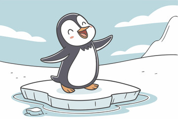 Fototapeta premium Cute cartoon penguin waving on ice floe animal wildlife