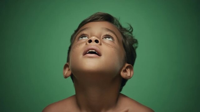 Curious Child with Freckles Looking Up Against Green Background in Studio