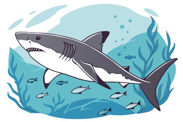 Naklejka premium Great white shark swims with small fish in blue water