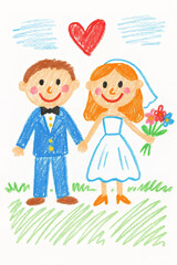 Cartoon couple holding hands in wedding attire with bouquet  