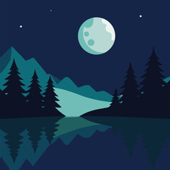 Fototapeta premium Vector art of a serene moonlit night reflects on the tranquil lake surrounded by trees