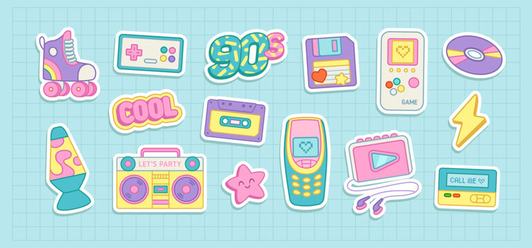 Retro electronic devices and gadgets of 80-90s, mobile phone, lava lamp, cassette player, cassette tapes, arcade game, music. Trendy symbols of 90's retro aesthetics. Vector set
