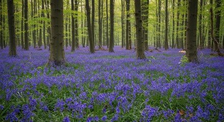 Obraz premium Enchanting Bluebell Forest: Serene Woodland Scene with Vibrant Purple Flowers