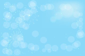 Blue background with falling snowflakes, bokeh effect, glowing dots, and glitter. Frosty snow effect on a blue background. Vector illustration. Abstract bright white flickering lights and snowflakes. 