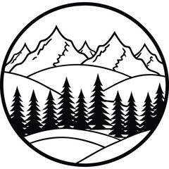 Obraz premium Vector art of a mountain landscape with trees is outlined in a circular frame