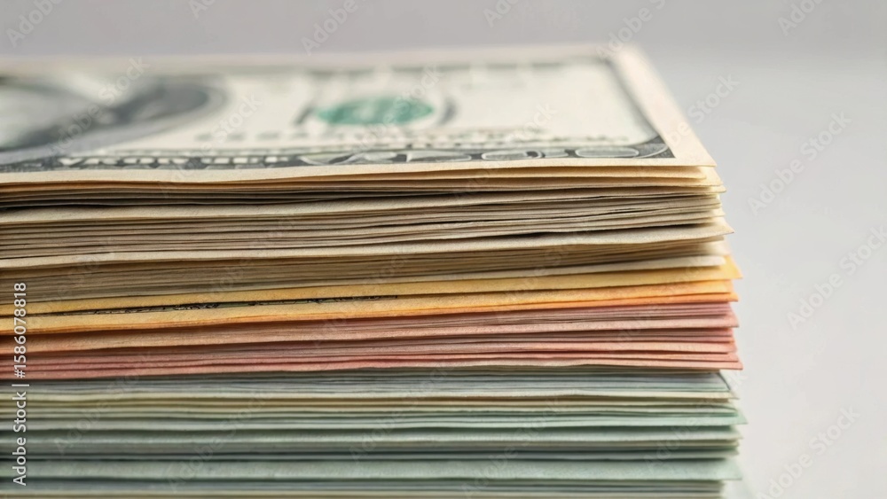 Poster stacks of currency notes neatly arranged, showcasing different denominations and a focus on texture 