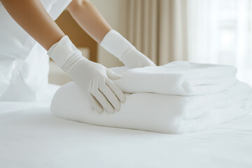 Housekeeping ensuring pristine rooms with freshly laundered white towels in a tidy stack, ready for guests to enjoy a clean and comfortable stay.