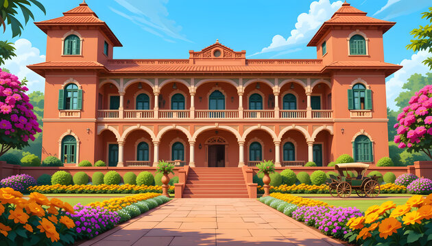 Colorful Indian Zamindar House Cartoon Front View