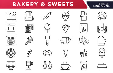 Bakery and sweets linear icon set. Dessert, food and drink, Chocolate, restaurant, pastry, muffin, food, fast food, happy birthday, cheesecake and cookies vector icon set. UI thin line icon pack