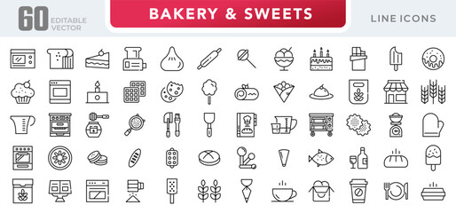 Bakery and sweets linear icon set. Dessert, food and drink, Chocolate, restaurant, pastry, muffin, fast food, happy birthday, cheesecake, and cookies vector icon set. UI thin line icon pack
