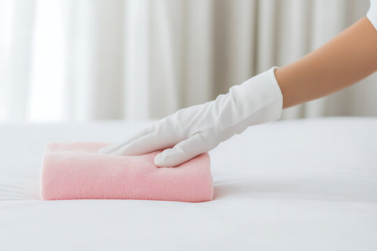 Hand with glove places pink towel on crisp white sheets in a bright room. Cleanliness, comfort, and hospitality are evoked.