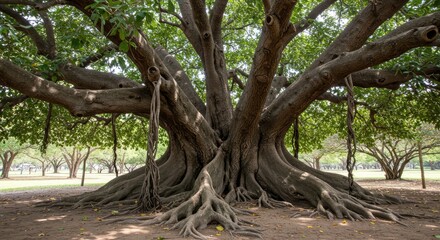 Majestic Banyan Tree: Sprawling Roots and Canopy in Park Setting