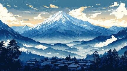 Mountain vista with village nestled in valley.