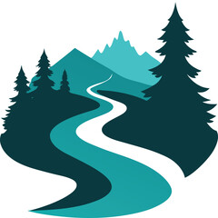 Vector art of a winding river flows through a teal forest landscape with mountains