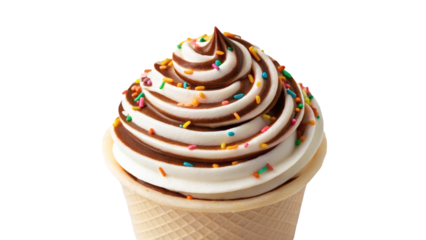 Delicious soft serve ice cream topped with colorful sprinkles in a cone