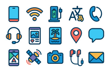 Travel communication and connectivity modern flat style. smartphone, Wi-Fi signal, charging station, language translator, headset, social media post, travel blog, GPS pin