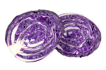Fototapeta premium Close-up of sliced purple cabbage showing textured interior patterns. Isolated object.