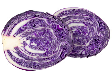 Obraz premium Close-up of freshly cut purple cabbage halves displaying intricate patterns. Isolated object.