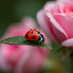 Fototapeta premium Ladybug enjoying morning dew on leaf near a vibrant rose, macro photography.