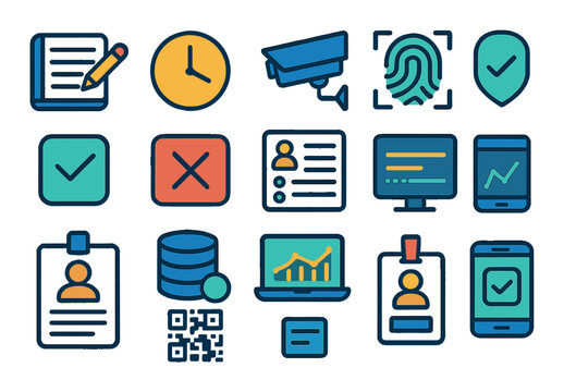 Entry data and logs modern flat style. entry logbook, timestamp, security camera, fingerprint scan, access granted, access denied, attendance sheet, digital log