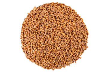Round pile of raw brown buckwheat groats. Isolated object.
