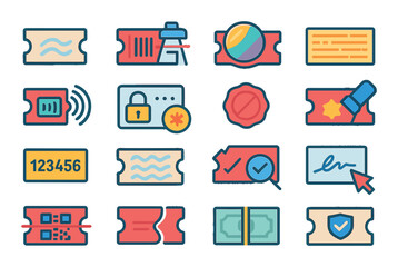 Ticket security features modern flat style. watermark, barcode scanner, holographic sticker, microprint, RFID chip, encrypted code, tamper-evident seal, UV ink, serial