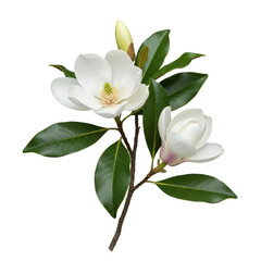Fototapeta premium Blooming magnolia branch featuring transparent flowers, delicate petals, vibrant green leaves, unopened bud, partially opened bloom, isolated on seamless transparent background, studio shot,