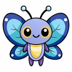 Obraz premium Cute cartoon purple and blue butterfly character smiling isolated on white background