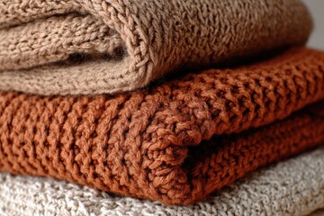 Close-up of folded knitted sweaters in warm earth tones