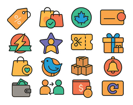 Types of discounts modern flat style. percentage off, buy one get one, seasonal sale, clearance, flash sale, member discount, coupon code, bundle deal, loyalty reward