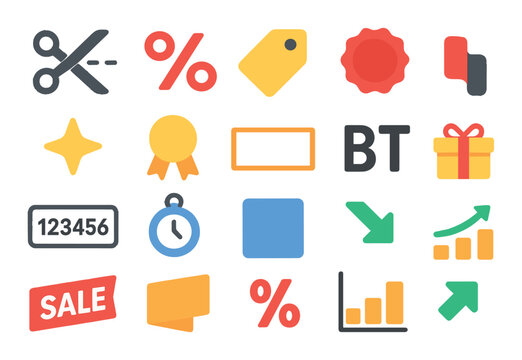 Coupon design elements modern flat style. scissors cut, dotted line, percentage sign, price tag, stamp seal, shiny star, ribbon badge, highlight box, bold text, coupon - Powered by Adobe