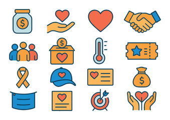 Raffle fundraising and charity modern flat style. donation jar, charity hand, heart icon, sponsor handshake, community group, donation box, fundraising thermometer, event