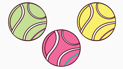 Fototapeta premium Three colorful cartoon tennis balls with unique stripe patterns on a light background