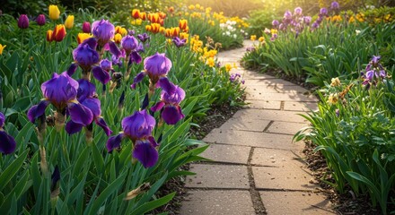 Serene Garden Path: Vibrant Irises and Tulips bathed in Golden Sunlight © Bayu