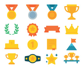 Ranking symbols and awards modern flat style. gold medal, silver medal, bronze medal, trophy cup, laurel wreath, star badge, ribbon, crown, podium steps, number one badge