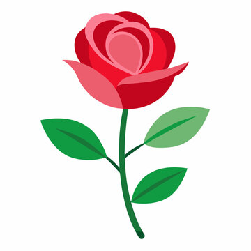 Stylized red rose with green leaves isolated on white background